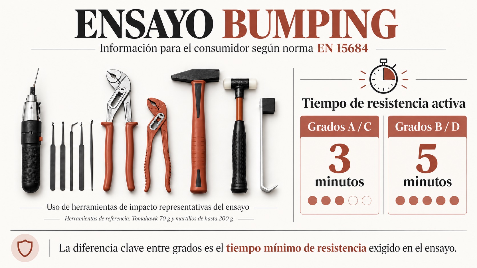 Infografía sobre ensayo bumping según norma EN 15684 con grados A, B, C y D de resistencia activa frente a golpes y vibración.