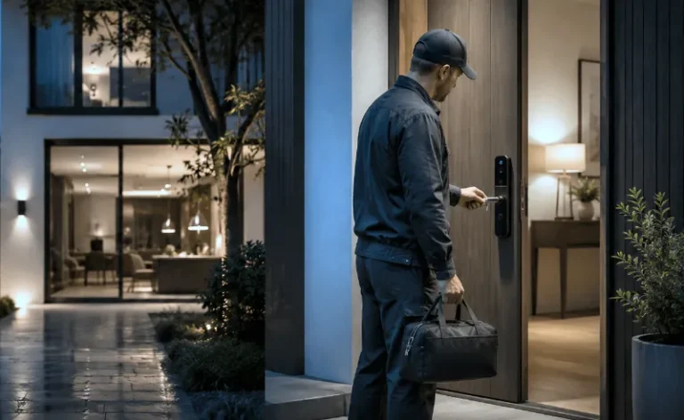 Un experto en seguridad CPTED revisa el acceso a una vivienda.