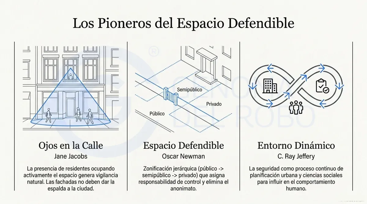 Pioneros y teorías del espacio defendible y CPTED; Jane Jacobs, Oscar Newman, Ray Jeffery