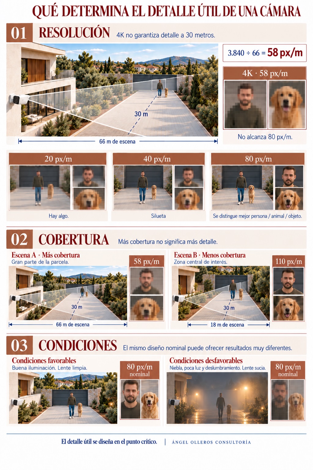 Infografía sobre resolución, cobertura y condiciones ambientales que determinan el detalle útil de una cámara de seguridad en una vivienda, con ejemplos de 20, 40, 58, 80 y 110 px/m.