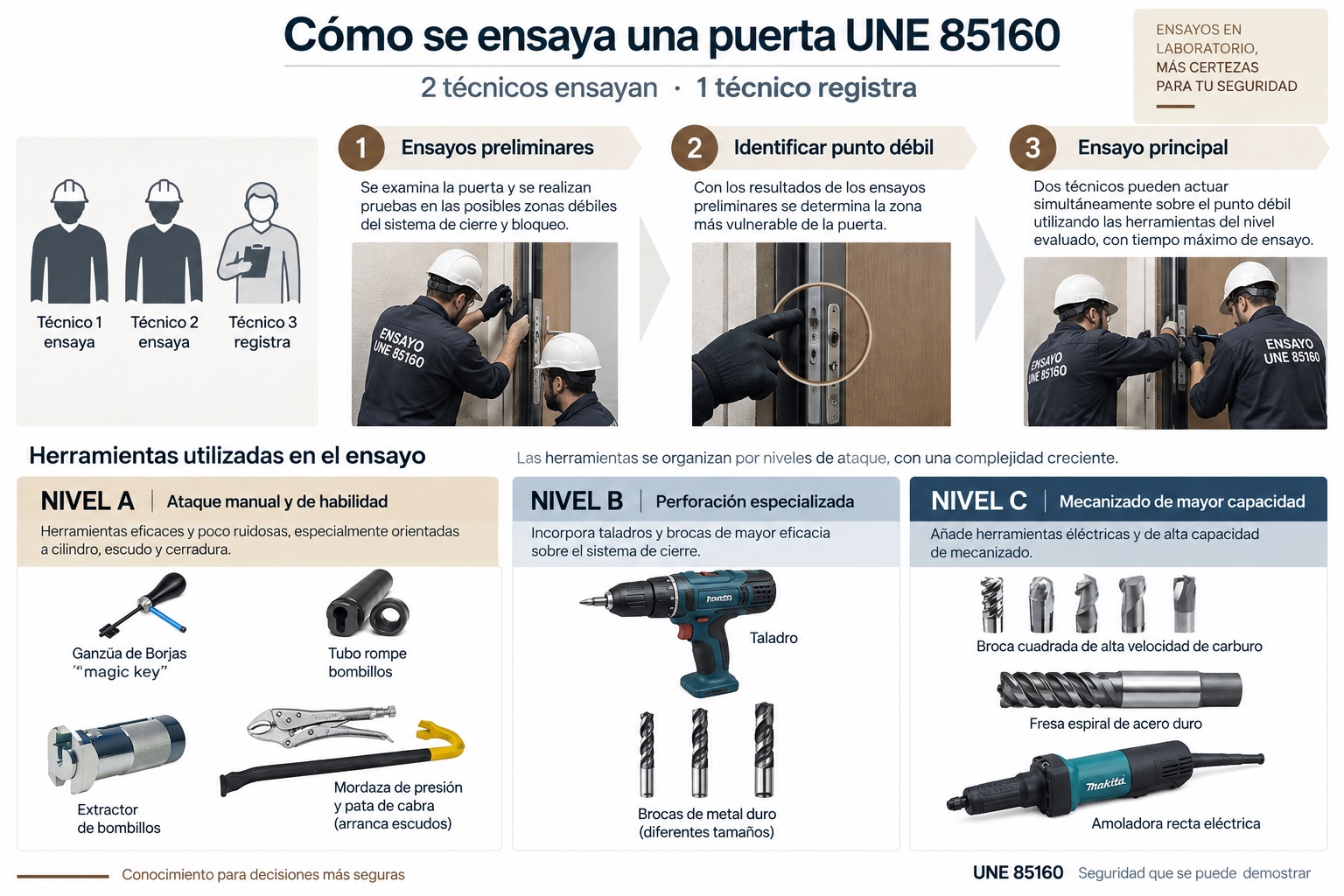 Cómo se ensaya una puerta UNE 85160: ensayos preliminares, identificación del punto débil, ensayo principal y herramientas de los niveles A, B y C. Angel Olleros Consultoría