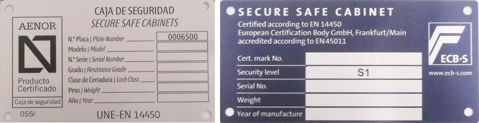 placa certificado seguridad caja fuerte