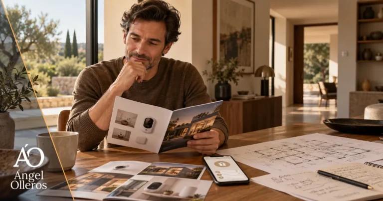 Propietario revisando información comercial de un sistema de alarma en una vivienda, representando cómo la desinformación y los mensajes simplificados pueden influir en la compra de seguridad residencial.