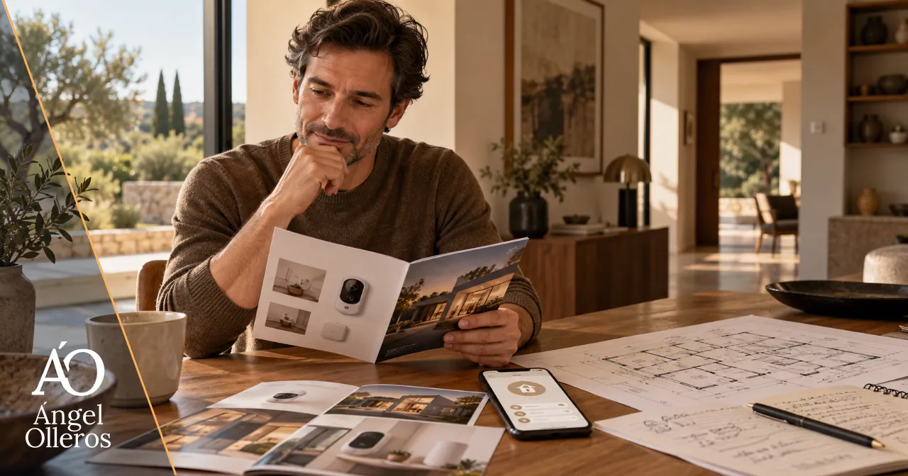 Propietario revisando información comercial de un sistema de alarma en una vivienda, representando cómo la desinformación y los mensajes simplificados pueden influir en la compra de seguridad residencial.
