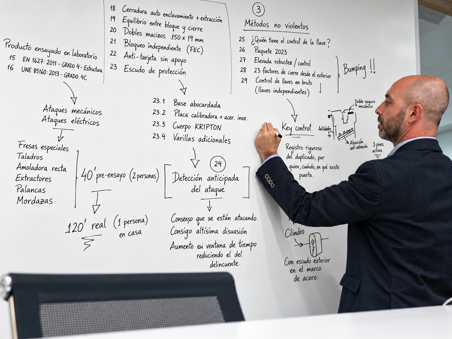 Formación técnica de análisis de una puerta de seguridad con checklist de resistencia, control de llaves, detección anticipada, componentes de cierre y métodos de ataque.