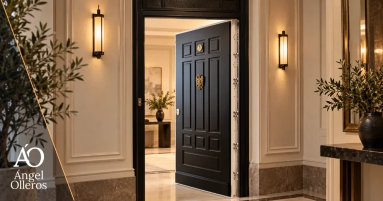 Puerta acorazada de alta seguridad integrada en el acceso de una vivienda contemporánea, como referencia para comparar marcas y prestaciones.