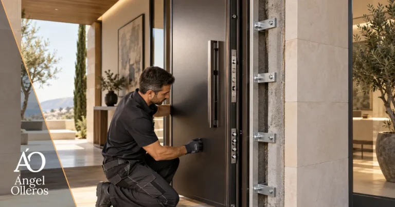 Instalación de puerta de seguridad mostrando marco, fijaciones y unión con el muro.
