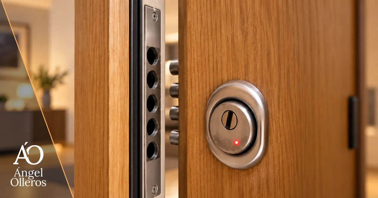 Puerta blindada de madera con marco reforzado y escudo acorazado