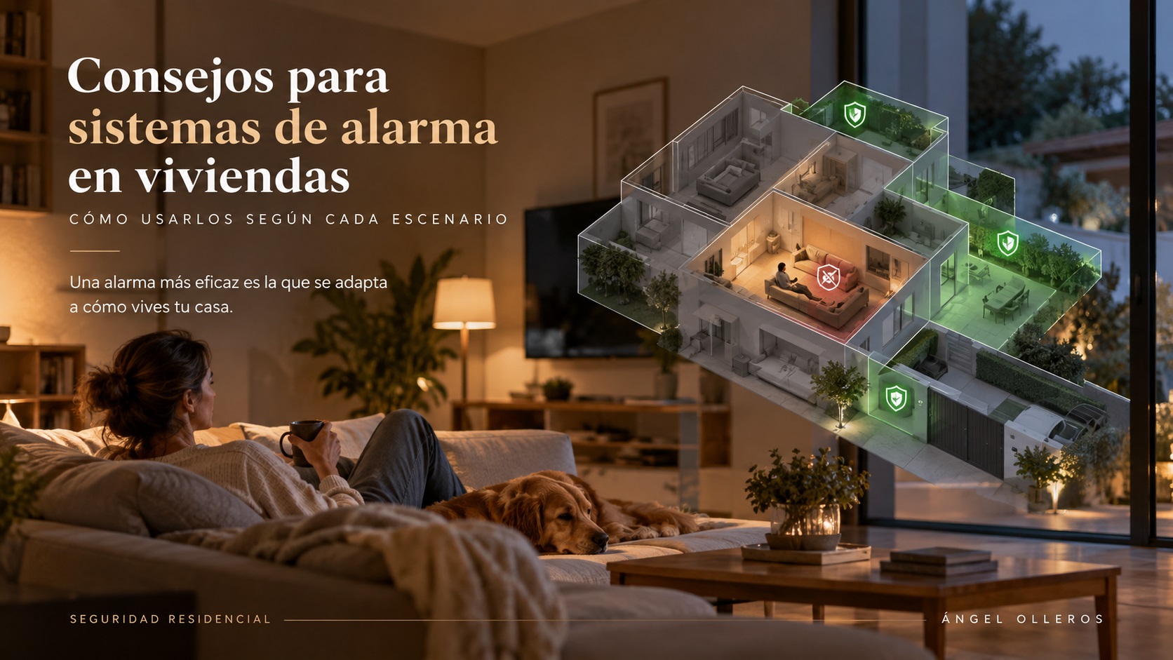 Infografía de un chalet con alarma sectorizada: salón en uso, puerta principal y jardín protegidos, y garaje y otras zonas configuradas según el escenario de ocupación.