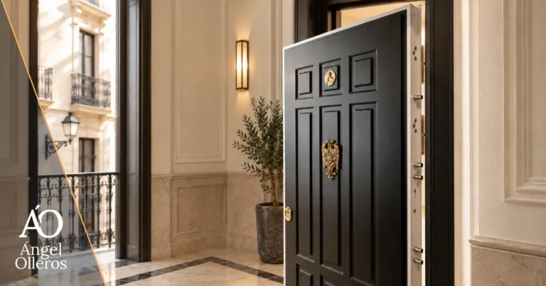 Puerta de seguridad en vivienda residencial con cerrojos visibles, control de acceso y apertura hacia el interior del hall.