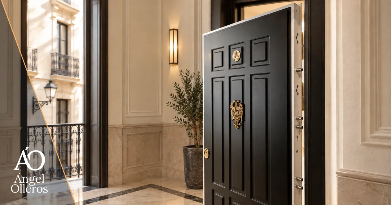 Puerta de seguridad en vivienda residencial con cerrojos visibles, control de acceso y apertura hacia el interior del hall.
