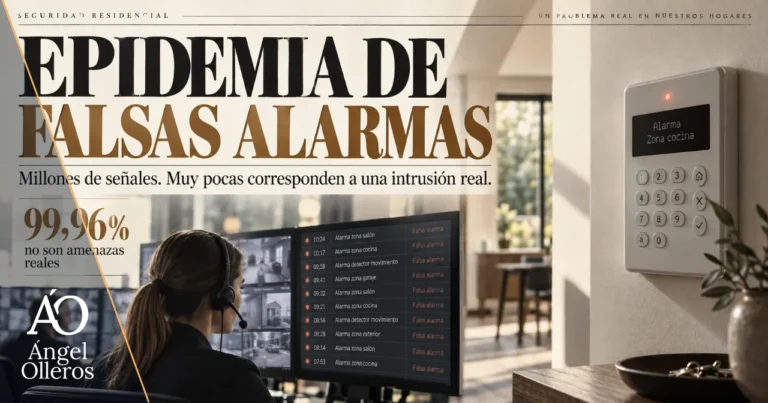 Operadores de una central receptora gestionando múltiples falsas alarmas de viviendas, mientras un sistema de alarma residencial muestra una activación no asociada a una intrusión real.