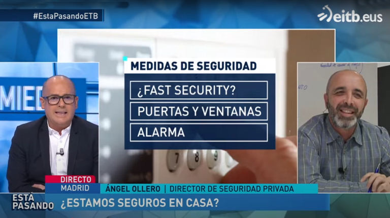 Fotograma de programa de televisión donde se entrevista a José Miguel Ángel Olleros acerca de la seguridad privada y su efectividad real.