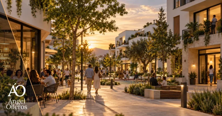 Plaza peatonal residencial diseñada con criterios CPTED: vigilancia natural desde las viviendas, comercios activos, espacios de convivencia y recorridos visibles que favorecen la prevención del delito.
