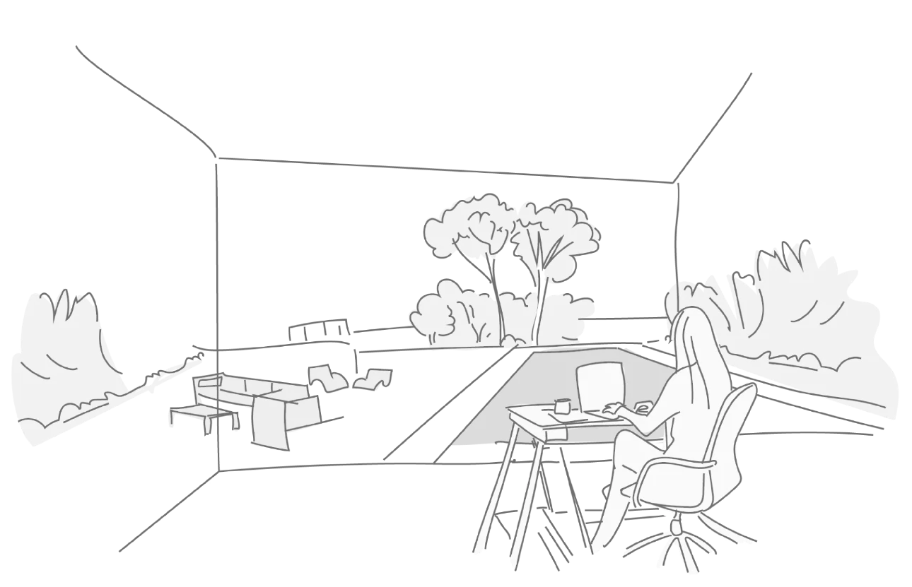 Dinujo lineal. Una mujer trabaja desde su escritorio de cara a la cristalera de su hogar. En el exterior se aprecia un jardín.