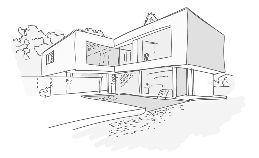 Dibujo lineal. Vivienda residencial unifamiliar vista desde el exterior.