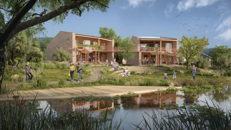 Vista desde el exterior de dos viviendas en Vibioland.