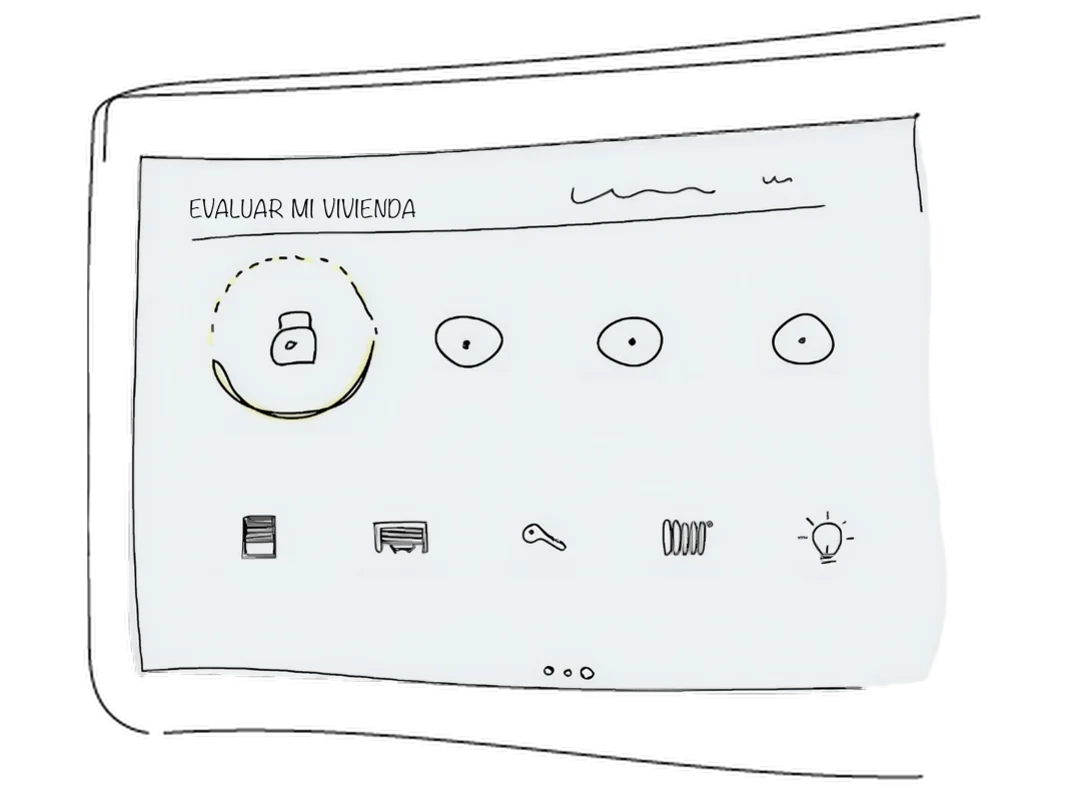 Dibujo lineal mostrando un evaluador de seguridad residencial en la pantalla de un dispositivo.