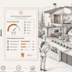 Infografía sobre seguridad residencial en España con vivienda, alarmas, cámaras y puntos vulnerables que pueden crear oportunidades para el delincuente