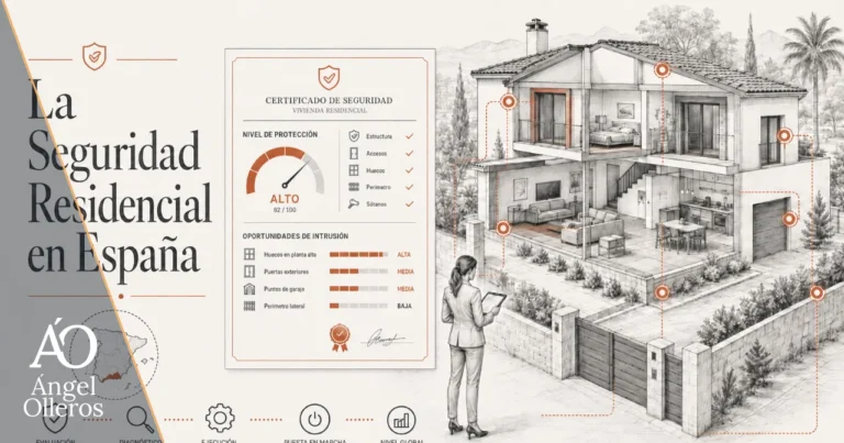 Infografía sobre seguridad residencial en España con vivienda, alarmas, cámaras y puntos vulnerables que pueden crear oportunidades para el delincuente