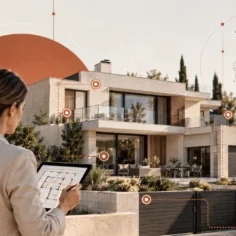 Consultora de seguridad residencial evaluando una vivienda en España, con puntos vulnerables y oportunidades de intrusión identificados mediante un análisis de riesgos.