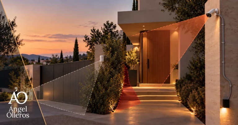 Sistema de seguridad residencial con cámara mal orientada, vegetación junto al detector, zonas ciegas y cableado accesible que reducen la eficacia frente a una intrusión.