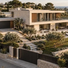 Vivienda unifamiliar con parcela, desniveles y vegetación analizada mediante recorridos plausibles de intrusión para diseñar el sistema electrónico de alarma.