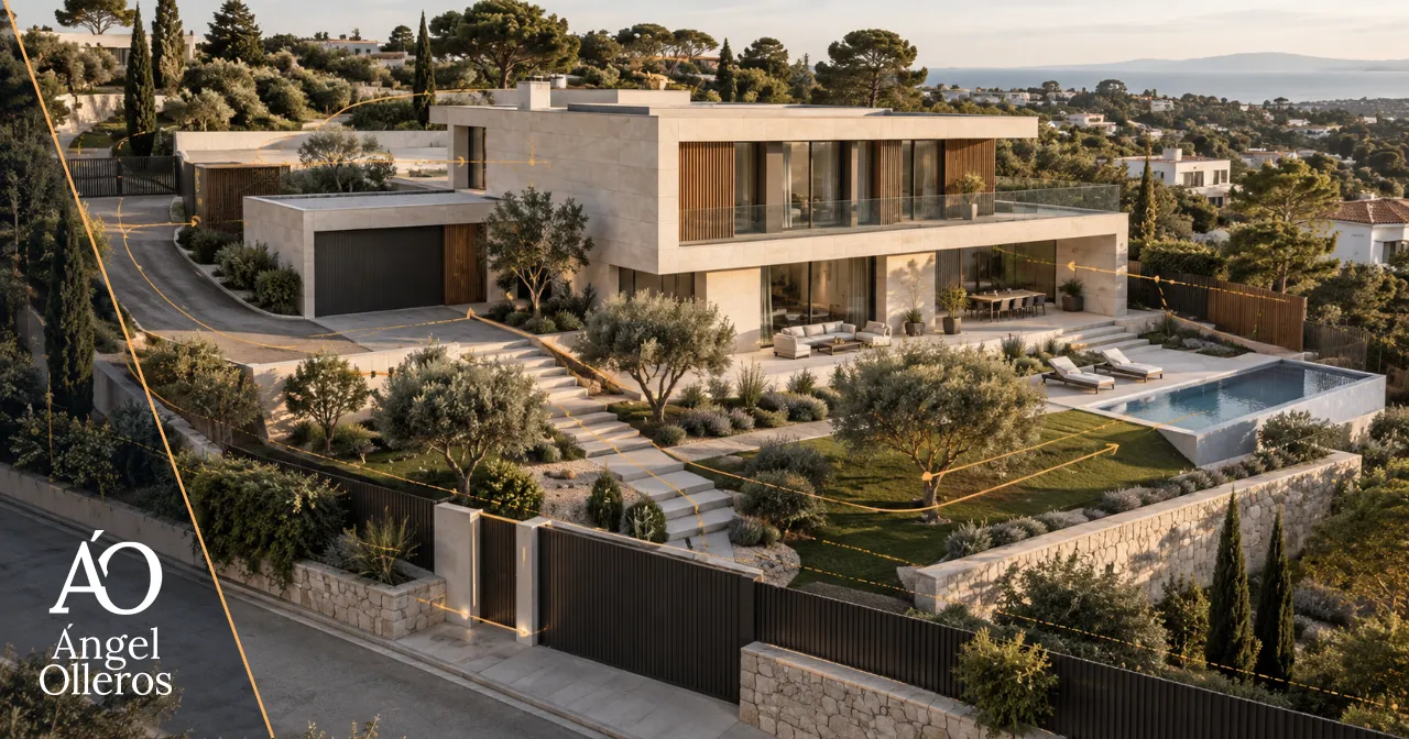 Vivienda unifamiliar con parcela, desniveles y vegetación analizada mediante recorridos plausibles de intrusión para diseñar el sistema electrónico de alarma.